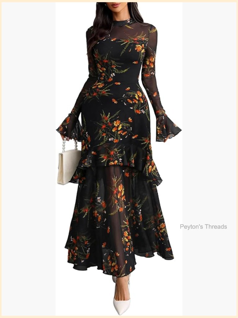 Maxi Dress Floral Sheer Mesh Bell Sleeve Tiered Ruffle Gothic Romantic Casual